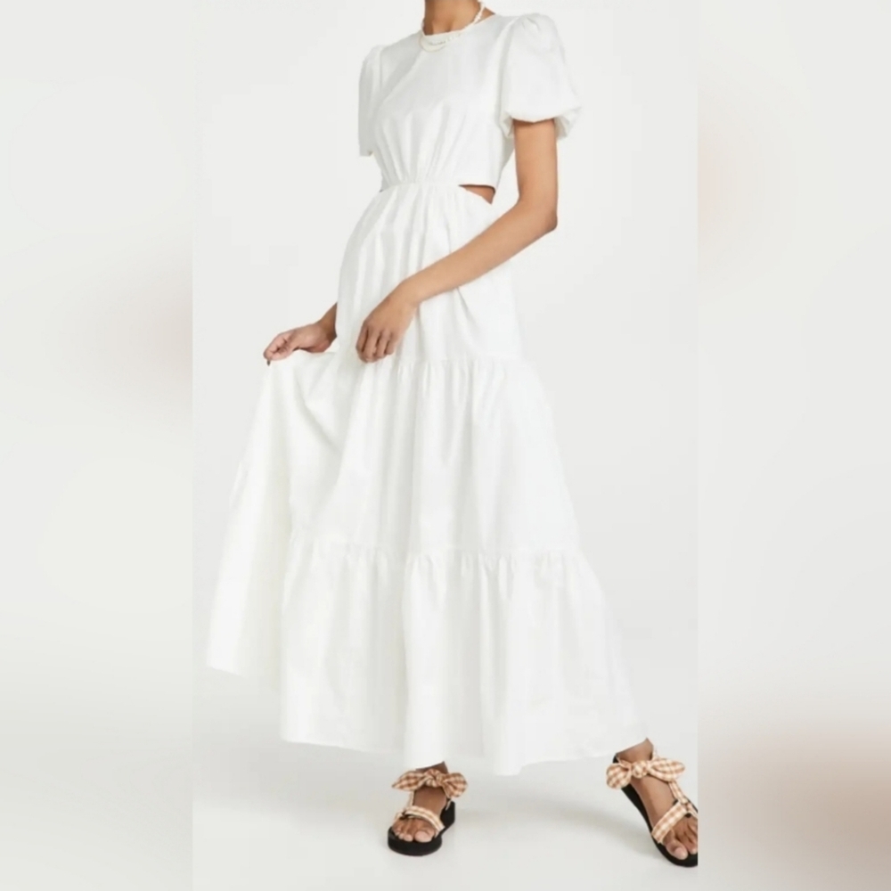 WAYF Women's Plaza Cut Out Puff Sleeves Tiered Maxi Boho Cottagecore Dress Sz L